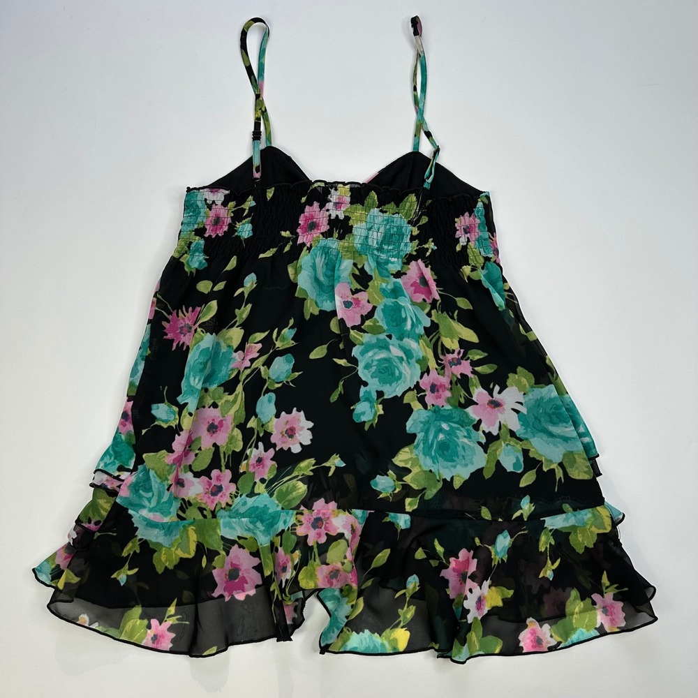Grass Collection Floral Ruffle Cami Top Black Pink Blue Women's Size M - Picture 3 of 4